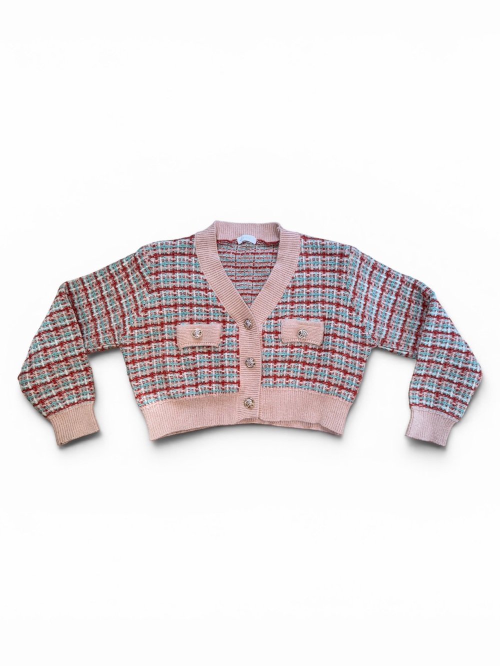 Cropped Pink Plaid Knit Cardigan with Decorative Buttons - Picture 9 of 9